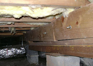sagging crawl space with wooden shimming a Berkeley crawl space